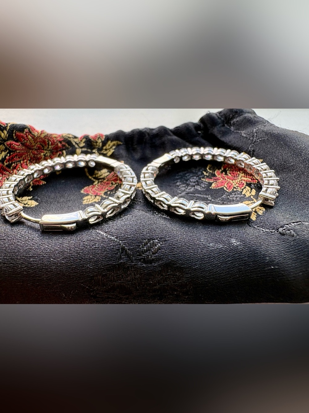 Silver Tone CZ Hoop Earrings | Sparkling Round Stone Latch Back Hoops - Picture 6 of 12
